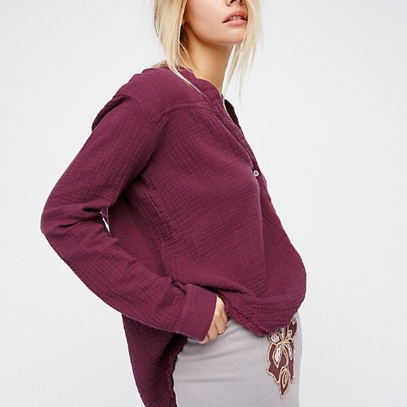 Free People Changing Horizons Gauze Crinkle Waffle Knit Pullover in Plum Purple - Picture 2 of 6